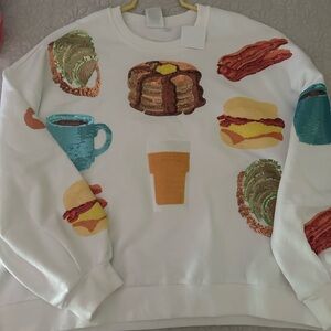 QUEEN OF SPARKLES White Sweatshirt with Colorful Breakfast Motifs